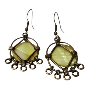 Samanth Yellowish Marbled Disc In Bronze Setting 3/4" Around Drop 2-1/4" L.